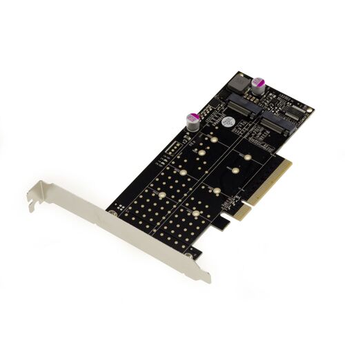 Carte PCIe 3.0 8x pour 2 SSD M.2 NVMe M Key (M2 NGFF). CHIPSET PERICOM PI6C20400ALE. Mode Bifurcation uniquement.