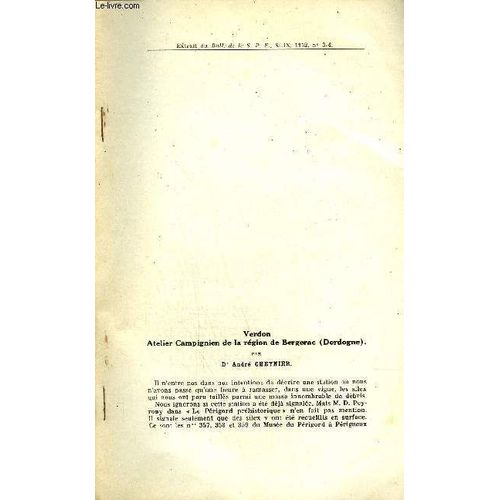 Verdon Atelier Campignien De La Region De Bergerac Dordogne - Extrait Du Bulletin De La S.P.F Xlix 1952 N° 3-4.