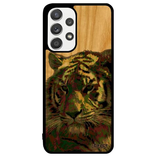 Coque En Bois Samsung A33 Silicone Tigre Frêne Peinture Antichoc Animaux Felin Design De Tasmanie Fauve Dessin Pop Art Animal Galaxy