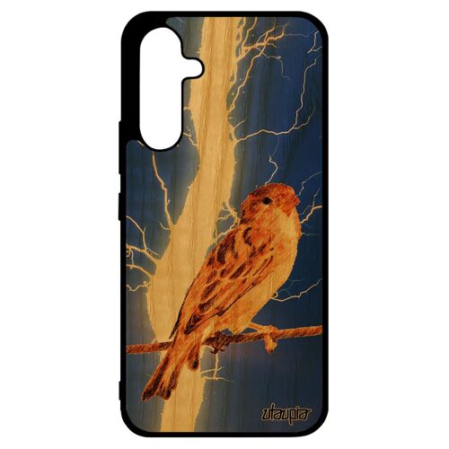 Coque A34 en bois silicone oiseau de protection smartphone portable nature orage design animaux bleu petit moineau Samsung galaxy