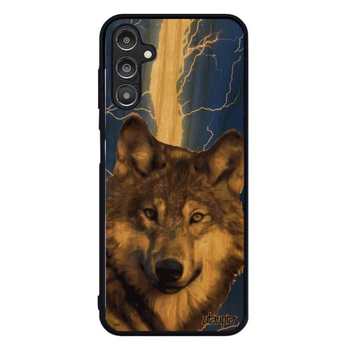 Coque silicone pour Samsung A14 4G 5G en bois loup noir design louve de protection bête sauvage bumper eclair animaux foudre galaxy