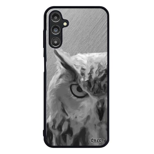 Coque en silicone Galaxy A14 4G 5G hibou housse motif oiseau effet texture animal animaux design metal gris chouette mobile Samsung