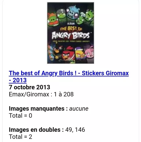 The Best Of Angry Birds ! - Stickers Giromax - 2013 - Liste Des Images Pour Un Lot