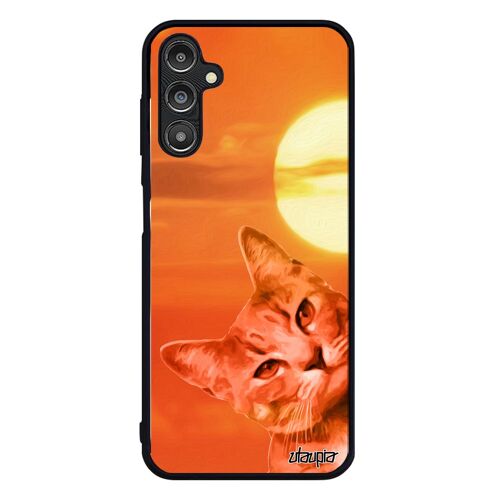 Coque en silicone Galaxy A14 4G 5G chat couché de soleil felin orange lol cat mobile etui alu matou ciel housse telephone Samsung