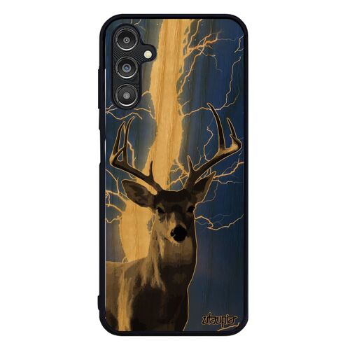 Coque Galaxy A14 4g 5g Bois Silicone Cerf Design Tpu Gibier Eclair Foudre Brame Animaux Faon Bumper Orage Foret Biche Case Samsung