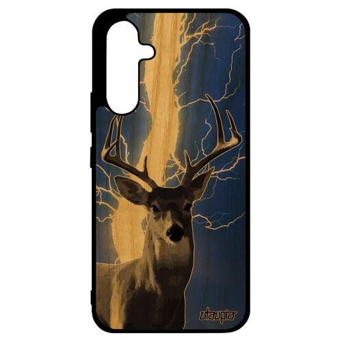 Coque bois silicone Galaxy A34 cerf animal gibier biche foret etui bleu eclair brame faon 4G orage motif design antichoc de Samsung
