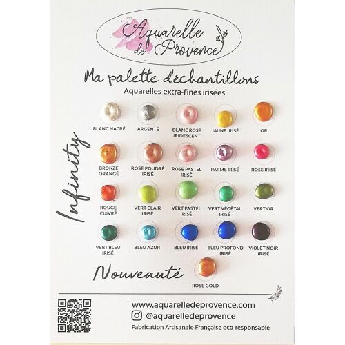 Aquarelle - La Palette D’Échantillon De 21 Couleurs D’Aquarelles Véganes Irisées Extra-Fines.