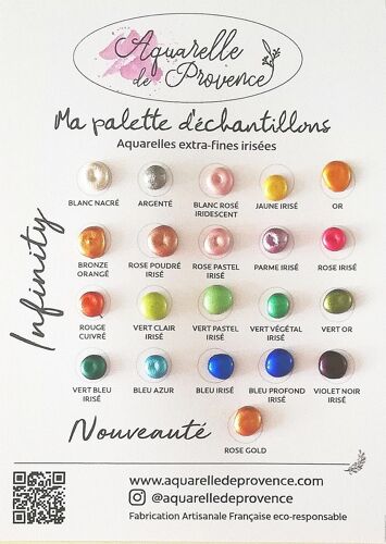 Aquarelle - La Palette D’Échantillon De 21 Couleurs D’Aquarelles Véganes Irisées Extra-Fines.