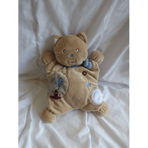Doudou Chat Beige Bleu Oiseau Pommette