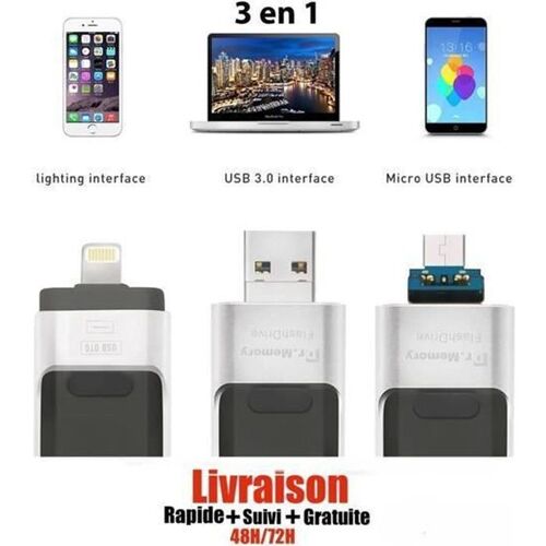 Clé USB 64 go 3 en 1 Compatible IOS/Android Pour Apple Iphone X/8/7/6/5 Samsung/Ipad/Macbook/Windows/PC/Tablet OTG Flash Pen