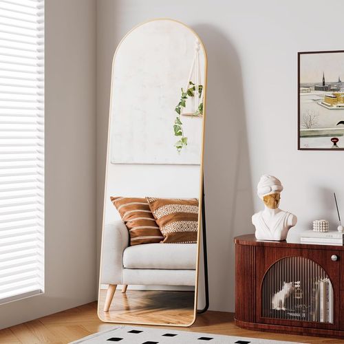 AuAg Miroir Pleine Longueur, 162 x 53 cm, avec Cadre en Métal, Support, Grand Miroir Mural HD, avec Crochet, pour Salon, Sommeil, Dressing, Salle de Bain, Couloir, Arqué Doré