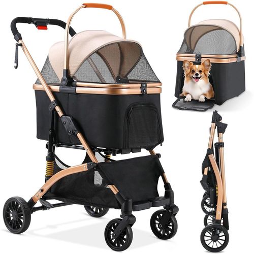 Poussette Chien 3-En-1,Poussette Pour Chat Pliable,Panier De Rangement,Roues Résistant À L'usure À 360°,Fenêtre En Filet,Buggy Poussette Pour Petits Chiens Et Chats,Jusqu'à 40 Kg(Champagne)