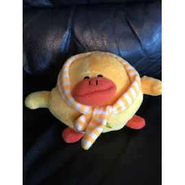 Peluche Doudou Canard Rond Jaune Écharpe Rayée 12cm