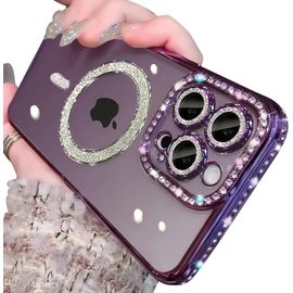 TRAHOO-Coque iPhone 14 Pro Magnétique Transparente Coque à Paillettes Diamant Glitter Housse [Compatible avec MagSafe] Souple TPU Anti-Rayures et Antichoc Camera Protection Case, Brillant Violet