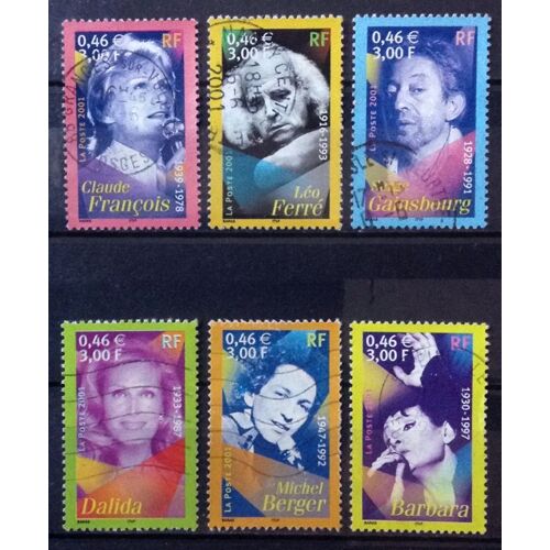 Série Célébrités Chanson 2001 - 3391 Claude François + 3392 Léo Ferré + 3393 Gainsbourg + 3394 Dalida + 3395 Michel Berger + 3396 Barbara Obl - Cote 3,00 - France Année 2001 - Brn83 - N31404