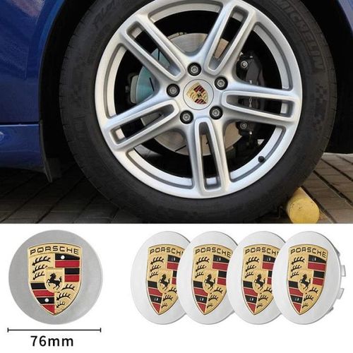 4 X Caches Moyeux Porsche 76mm Argent Centre Roue Logo Pour Porsche Cayenne Cayman Panamera Boxster