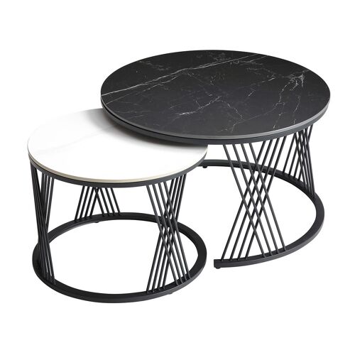 Tables gigogne plateaux céramique marbrés noir et blanc pieds métal n