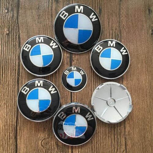 Lot De 7 Bmw Bleu Blanc Logo Emblème 82mm Capot 74mm Coffre 4*68mm Centre De Roue Enjoliveur