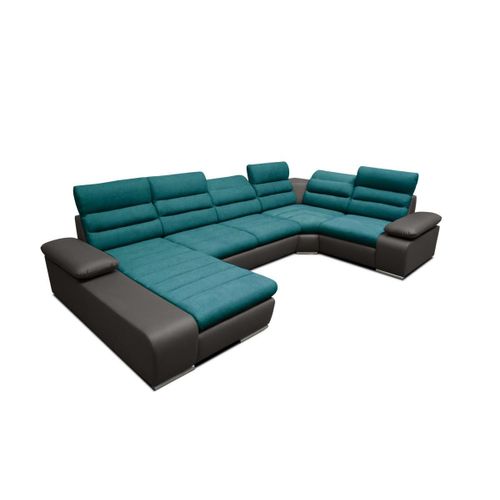 Canapé D'angle Panoramique Convertible En Tissu Et Simili Boileau - Bicolore Turquoise/Anthracite - Angle Gauche