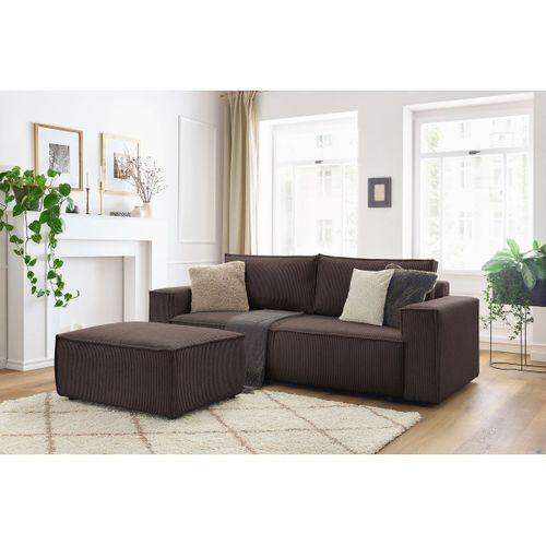 Canapé Droit Convertible Coffre Nihad Velours Côtelé Avec Pouf Marron