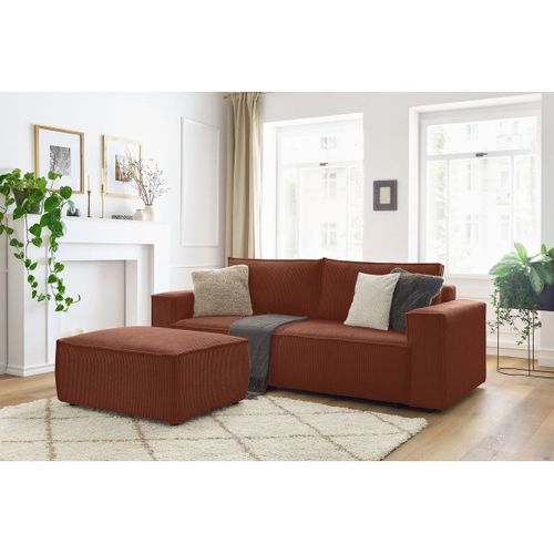 Canapé Droit Convertible Coffre Nihad Velours Côtelé Avec Pouf Orange