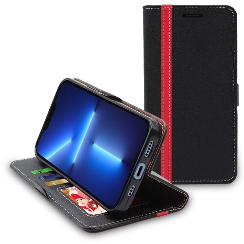Ebeststar - Coque Pour Apple Iphone 13 Pro Etui Housse Portefeuille Pu Cuir Porte-Cartes, Noir / Rouge [Dimensions Precises Smartphone : 146.7 X 71.5 X 7.65 Mm, Écran 6.1'']