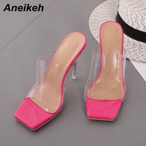 Chaussures En Pvc Pour Femmes, Pantoufles Transparentes Talons Hauts, Fête, Bout Carré Peu Profond, Solides, Concis