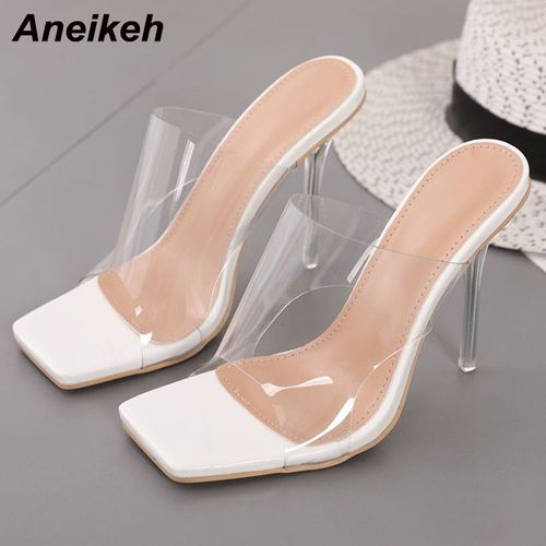 Chaussures En Pvc Pour Femmes, Pantoufles Transparentes Talons Hauts, Fête, Bout Carré Peu Profond, Solides, Concis