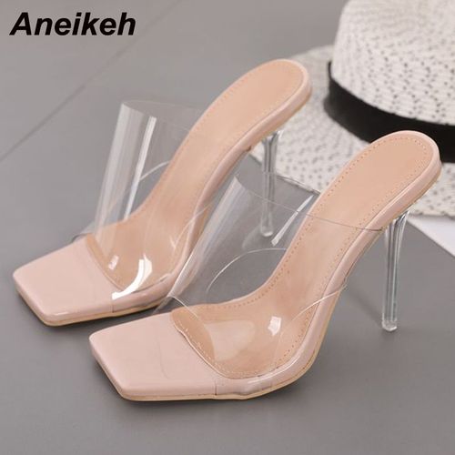 Chaussures En Pvc Pour Femmes, Pantoufles Transparentes Talons Hauts, Fête, Bout Carré Peu Profond, Solides, Concis