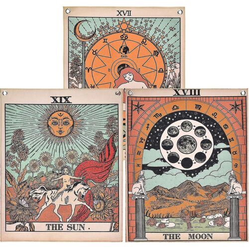 Pack 3 Tapisserie de Tarot, La Lune, L¿Étoile et le Soleil Carte de Tarot Tapetsry, Tapisserie de l'Europe médiévale Pour la chambre avec des ?illets antirouille, Ongles sans couture