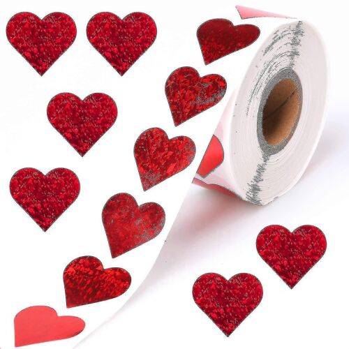 1 « Holographic Red Heart Stickers Roll, Glitter Tiny Hearts Autocollant Pour Les Enfants, Utiliser Pour Les Décorations D'amour De La Saint-Valentin, Palmarès, Scrapbook 500 Pcs