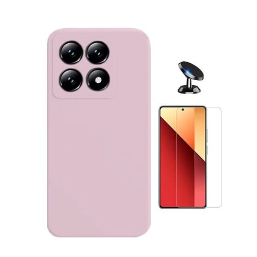 Kit Verre Trempé Clearglass + Coque Silicone Liquide + Support Voiture Magnétique Phonecare Pour Xiaomi 14T - Rose