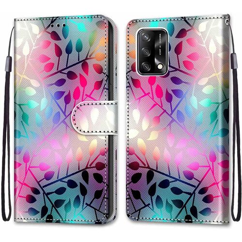 Coque Cuir Pour Oppo A74 4g / Oppo F19, 360 Degres Silicone Antichoc Magnetique Housse Motif Joli Flip Case Pour Oppo A74 4g / F19 Etui Filles Femme Garcons - Feuilles Colorees