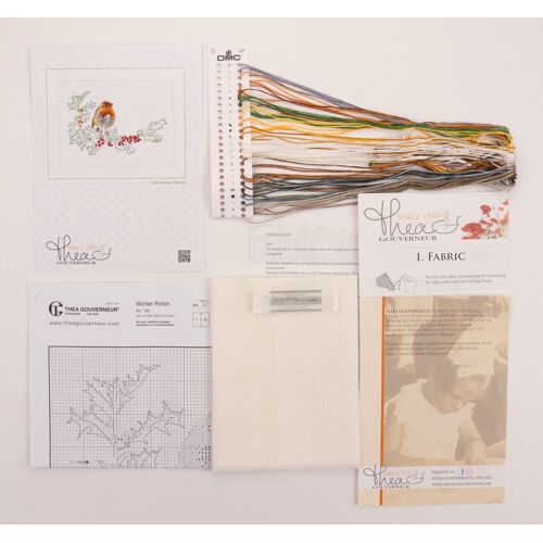 Thea Gouverneur - Kit De Point De Croix Compté - Oiseau Robin D'hiver - Lin - 32 Compter - Pour Adultes - 790