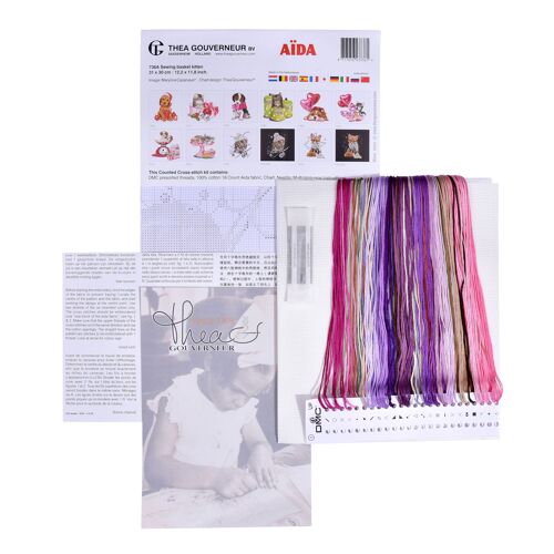 Thea Gouverneur - Kit De Point De Croix Compté - Panier De Couture Chaton - Aida - 16 Compter - Pour Adultes - 736a