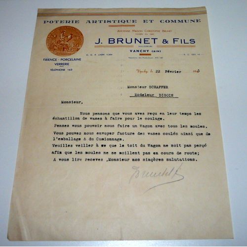 Facture Poterie Artistique Et Commune J.Brunet & Fils Vanchy 1943
