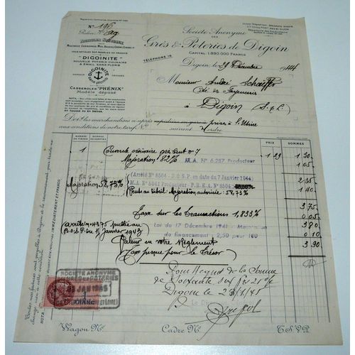 Facture Grès Et Poteries De Digoin 1944