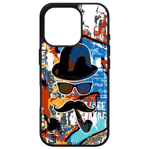 Coque Monsieur Moustache Pour Apple Iphone 16 Pro Silicone Vintage Orange Solide Chapeau Melon Art Pipe Peinture Street Art Rigide