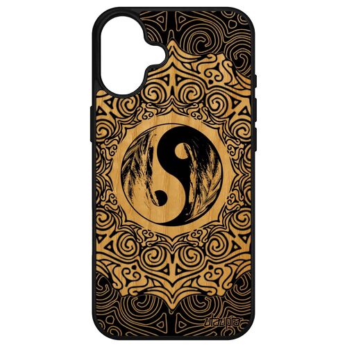 Coque En Bois Yin Et Yang Pour Apple Iphone 16+ Plus Silicone Bumper Oriental Rigide Case Rosace Noir Artistique Bien & Mal Coloré