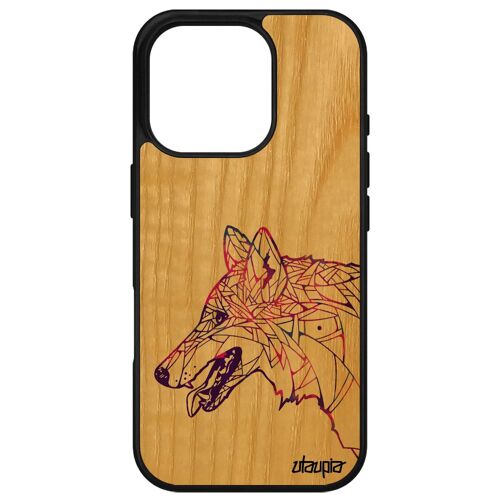 Coque Pour Apple Iphone 16 Pro En Bois Silicone Loup Violet Multicolore Mobile Tribal Chien Portable Dessin Etui Ethnique Made In France
