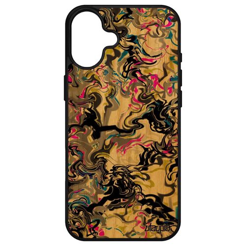Coque Pour Iphone 16+ Plus Bois Veritable Silicone Marbre Artisanal Fantaisie Forme Motif Rigide Texture Telephone Portable Coloré Apple