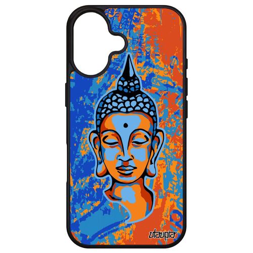 Coque Silicone Pour Apple Iphone 16 Bouddha Noir 4g 256 Go Dessin Pochoir Jolie Antichoc Tibet Hindou Journal Alu Illustration Bleu