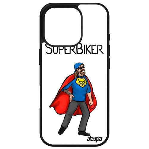 Coque Pour Apple Iphone 16 Pro Silicone Super Biker Motard Etui Drole Noir Dessin Personnalisé Humour Comique Blanc Texte Heros De