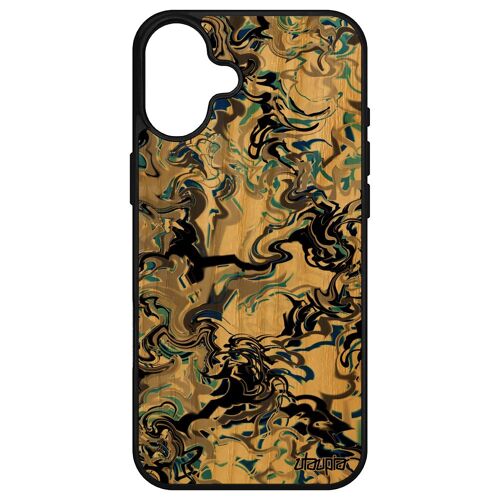 Coque En Bois Veritable Pour Iphone 16+ Plus Silicone Marbre Cadeau Effet Forme Motif Personnalisé Bumper Peinture Bleu Ondulé Fond Apple
