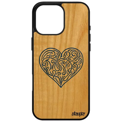 Coque bois pour iPhone 16 pro max silicone coeur gel telephone case cadeau saint valentin design dessin romantique personnalisé bleu Apple