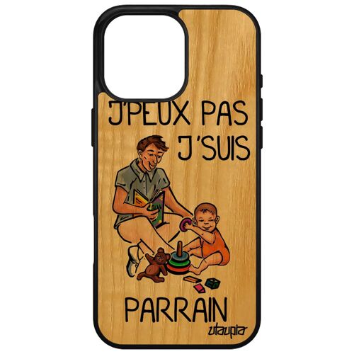Coque j'peux pas j'suis parrain pour iPhone 16 pro max bois silicone rigide humour texte je bumper etui orange drole bande dessinée Apple