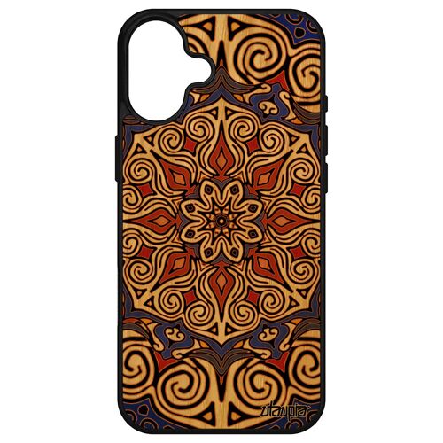 Coque Pour Iphone 16+ Plus En Bois Silicone Mandala Fantaisie Cover Rosace Tattoo Antichoc Geometrique Fleur Oriental 4g Tibet Bleu Apple