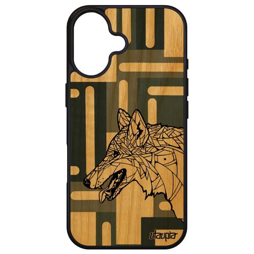Coque Bois Pour Apple Iphone 16 Silicone Loup Etui Tribal Gris Dessin Telephone Femme Cubique Chien Geometrique Bumper Smartphone Alpha