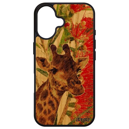 Coque Pour Apple Iphone 16 En Bois Silicone Girafe Antichoc Afrique Original Vert 512 Go Savane Design Fleurs Etui Animal Peinture Mobile