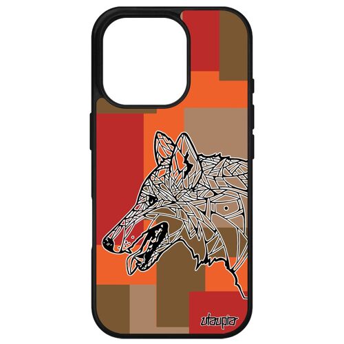 Coque De Protection Pour Apple Iphone 16 Pro Silicone Loup Animaux Geometrique Azteque Husky Noir Et Blanc Chien Case Tribal Dessin Cube